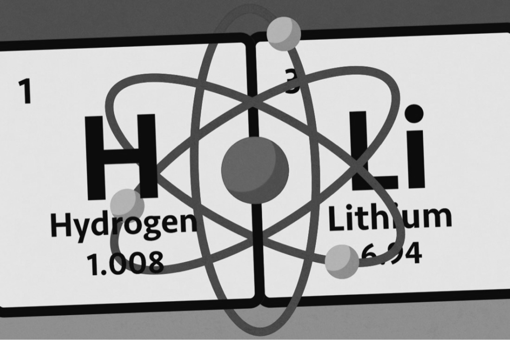 Illustration of an atom over the hydrogen and lithium cells of the periodic table